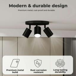 Rackhams 3-Way Spotlight Ceiling Light Adjustable GU10 Modern Black Round Base - thumbnail 4