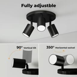Rackhams 3-Way Spotlight Ceiling Light Adjustable GU10 Modern Black Round Base - thumbnail 5