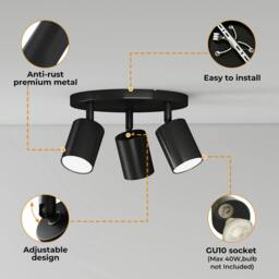 Rackhams 3-Way Spotlight Ceiling Light Adjustable GU10 Modern Black Round Base - thumbnail 6