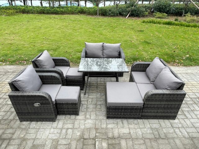 Rackhams Wicker PE Rattan Garden Dining Set Outdoor Furniture Sofa with Rectangular Dining Table 3 Footstools Dark Grey Mixed - image 1
