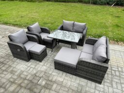 Rackhams Wicker PE Rattan Garden Dining Set Outdoor Furniture Sofa with Rectangular Dining Table 3 Footstools Dark Grey Mixed - thumbnail 2