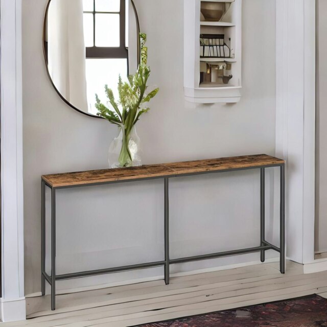 Rackhams Industrial 180CM Wide Slim Hallway Console Table Rustic Brown - image 1