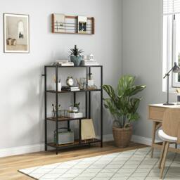 Rackhams Industrial Bookshelf Bookcase w/ Open Shelves for Study Rustic Brown - 77W x 30D x 116H cm - Rustic Brown, Black - Particleboard, Metal