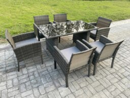 Rackhams Wicker PE Outdoor Rattan Garden Furniture Arm Chair And Table Dining Sets 6 Seater Rectangular Table Dark Grey Mixed - thumbnail 2
