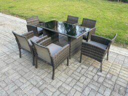 Rackhams Wicker PE Outdoor Rattan Garden Furniture Arm Chair And Table Dining Sets 6 Seater Rectangular Table Dark Grey Mixed - thumbnail 1