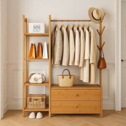 Rackhams Large Heavy Duty Bamboo Clothes Rail Rack with Drawers & Hooks – Open Corner Garment Stand Wardrobe - thumbnail 4