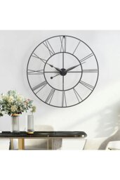 Rackhams 80cm Large Silent Non-Ticking Metal Skeleton Roman Numeral Wall Clock Iron Art Decor for Living Room, Bedroom & Office - Dark Grey