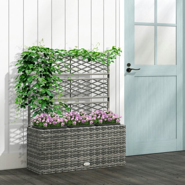 Rackhams Garden PE Rattan Planter Box w/ Trellis Flower Raised Bed, 84x30x107cm - Light Grey - Galvanised Steel, PE Rattan, PP - 84cm x 30cm x 107cm - image 1