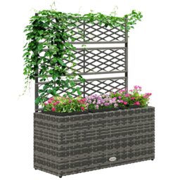 Rackhams Garden PE Rattan Planter Box w/ Trellis Flower Raised Bed, 84x30x107cm - Light Grey - Galvanised Steel, PE Rattan, PP - 84cm x 30cm x 107cm - thumbnail 2