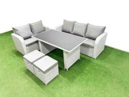 Rackhams Garden Furniture Set PE Ratten Garden Sofa Set with Rectangular Dining Table 2 Small Stools Light Grey