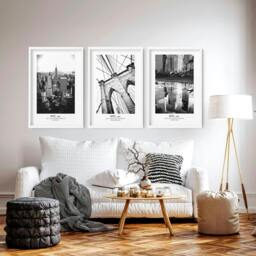 Rackhams White and black art - set of 3 New York living room wall art - A4 8.27 x 11.69 in / 21 x 29.7 cm - Satin Photo paper 280 gsm - Oak Frame
