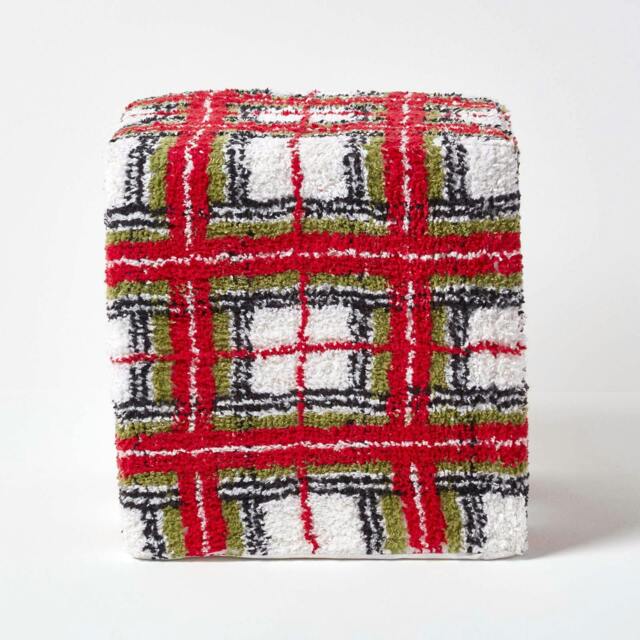 Rackhams Red and White Tartan Pattern Tufted Cotton Cube Pouffe - 36 x 36 x 38 cm - image 1