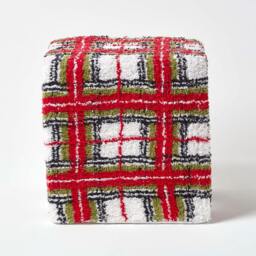 Rackhams Red and White Tartan Pattern Tufted Cotton Cube Pouffe - 36 x 36 x 38 cm