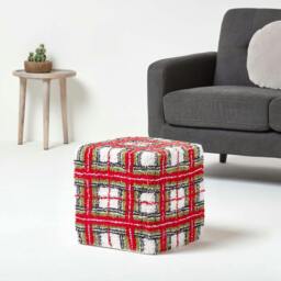 Rackhams Red and White Tartan Pattern Tufted Cotton Cube Pouffe - 36 x 36 x 38 cm - thumbnail 2