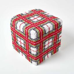 Rackhams Red and White Tartan Pattern Tufted Cotton Cube Pouffe - 36 x 36 x 38 cm - thumbnail 3