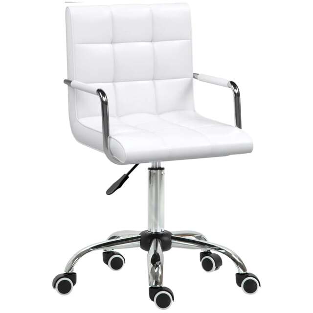 Rackhams Makeup Vanity Chair, PU Leather Mid Back Office Chair with Adjustable Height, Armrest and Rolling Wheels, White - image 1