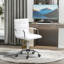 Rackhams Makeup Vanity Chair, PU Leather Mid Back Office Chair with Adjustable Height, Armrest and Rolling Wheels, White - thumbnail 2