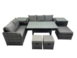 Rackhams 8 Seat Outdoor Wicker PE Rattan Garden Furniture Set Dining Table Sofa Sets with 3 Stools 2 Side Tables Dark Grey Mixed - thumbnail 1