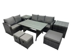 Rackhams 8 Seat Outdoor Wicker PE Rattan Garden Furniture Set Dining Table Sofa Sets with 3 Stools 2 Side Tables Dark Grey Mixed - thumbnail 2