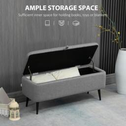 Rackhams Storage Ottoman with Flip Top, Rectangular Upholstered Bench, Linen Look Fabric Footstool with Steel Legs for Living Room, Bedroom, Grey - thumbnail 4