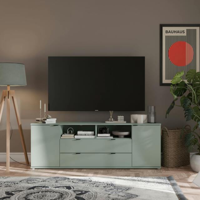 Rackhams Ganymede Wide TV Unit with Open Shelving, 2 Drawers & 2 Doors in Sage Green - W 179.5 X H 63.1 X D 41.3cm - 1 - Manufactured Wood - image 1