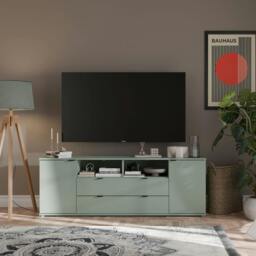 Rackhams Ganymede Wide TV Unit with Open Shelving, 2 Drawers & 2 Doors in Sage Green - W 179.5 X  H 63.1 X  D 41.3cm - 1 - Manufactured Wood - thumbnail 1