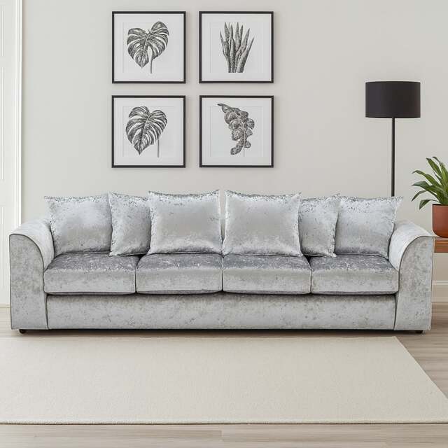 Rackhams Crystal Crushed Velvet Long Fabric 4 Seater Sofa Scatter back - Silver - image 1