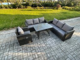 Rackhams Outdoor Lounge Sofa Set Wicker PE Rattan Garden Furniture Set with Rectangular Dining Table Reclining Chair Dark Grey Mixed - thumbnail 2