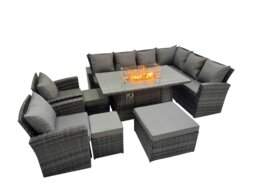Rackhams Outdoor Furniture Garden Dining Set Rattan Corner Sofa Chair Sets Gas Fire Pit Table with Temper Glass 3 Footstools Dark Grey Mixed - thumbnail 1