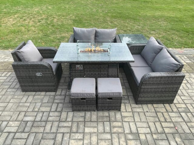 Rackhams Rattan Garden Furniture Set with Gas Fire Pit Dining Table,Side Table and 2 Small Footstools Indoor Outdoor 7 piece Loveseat Sofa set - image 1