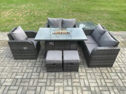 Rackhams Rattan Garden Furniture Set with Gas Fire Pit Dining Table,Side Table and 2 Small Footstools Indoor Outdoor 7 piece Loveseat Sofa set - thumbnail 1