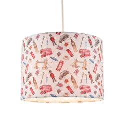 Rackhams London Themed Cotton Lamp Shade with Red Buses Post Boxes Black Taxis - thumbnail 2