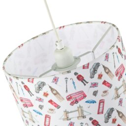 Rackhams London Themed Cotton Lamp Shade with Red Buses Post Boxes Black Taxis - thumbnail 3
