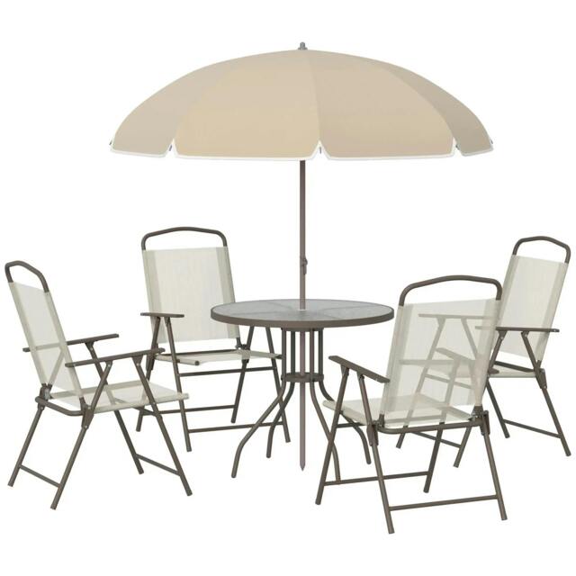 Rackhams Garden Patio Texteline Folding Chairs Plus Table and Parasol Furniture Bistro Set 6 Pieces - Coffee/Cream - image 1