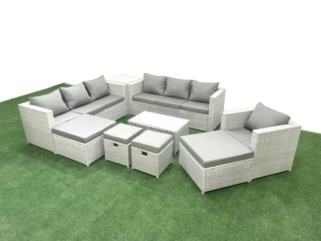 Rackhams Rattan Garden Furniture Set 9 Pieces Outdoor Garden Sofa Chair Coffee Table Set with Side Table 4 Footstools Light Grey Mixed - image 1
