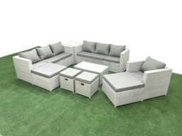 Rackhams Rattan Garden Furniture Set 9 Pieces Outdoor Garden Sofa Chair Coffee Table Set with Side Table 4 Footstools Light Grey Mixed - thumbnail 2