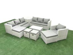 Rackhams Rattan Garden Furniture Set 9 Pieces Outdoor Garden Sofa Chair Coffee Table Set with Side Table 4 Footstools Light Grey Mixed - thumbnail 1