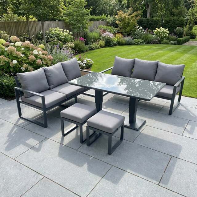 Rackhams 8 Seater Aluminium Outdoor Garden Furniture Set with Adjustable Rising Dining Table, 2 Sofas, 2 Footstools - Dark Grey - image 1