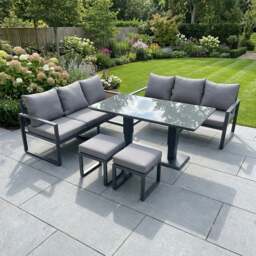 Rackhams 8 Seater Aluminium Outdoor Garden Furniture Set with Adjustable Rising Dining Table, 2 Sofas, 2 Footstools - Dark Grey - thumbnail 1