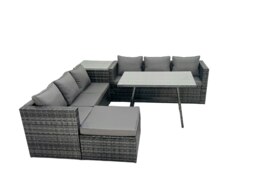 Rackhams Rattan Dining Table Sofa Set with Side Table 2 Big Footstools Outdoor Garden Furniture Set Dark Grey Mixed - thumbnail 2