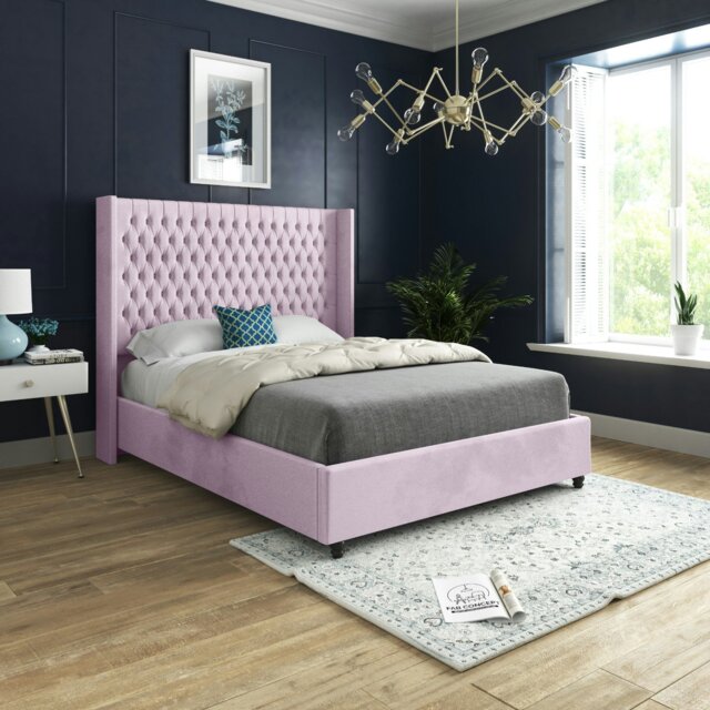 Rackhams Volta Straight Winged Upholstered Soft Velvet Bed Frame - Pink - Pink - Small double - image 1