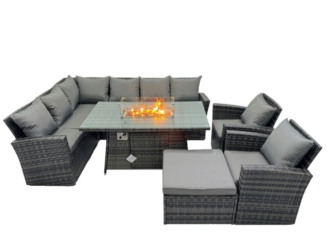 Rackhams Poly Rattan Outdoor Patio Gas Fire Pit Dining Table Corner Sofa Set with Big Stool 2 Chairs for Garden Backyard Dark Grey Mixed - image 1