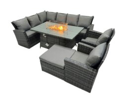 Rackhams Poly Rattan Outdoor Patio Gas Fire Pit Dining Table Corner Sofa Set with Big Stool 2 Chairs for Garden Backyard Dark Grey Mixed - thumbnail 2