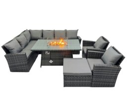 Rackhams Poly Rattan Outdoor Patio Gas Fire Pit Dining Table Corner Sofa Set with Big Stool 2 Chairs for Garden Backyard Dark Grey Mixed - thumbnail 1