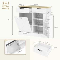 Rackhams Sideboard with Trash Bin, Farmhouse Kitchen Sideboard with 2 Drawers - Wood-effect top, white base - Sideboard - White - thumbnail 3