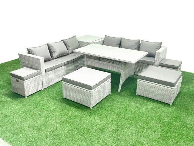 Rackhams Rattan Garden Furniture Set Outdoor 10 Seater Patio Dining Sets with Glass Top Dining Table and Side Table Light Grey Mixed - image 1