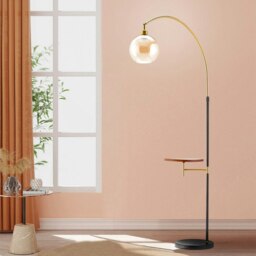 Rackhams Lightsin Modern Adjustable Arc Floor Lamp with Wood Tray - thumbnail 2