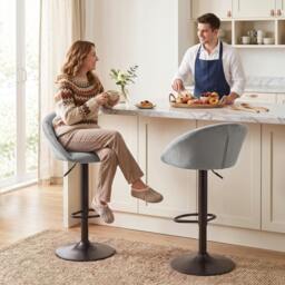 Rackhams Bar Stools Set of 2 Velvet Adjustable Swivel - Light Grey - thumbnail 1