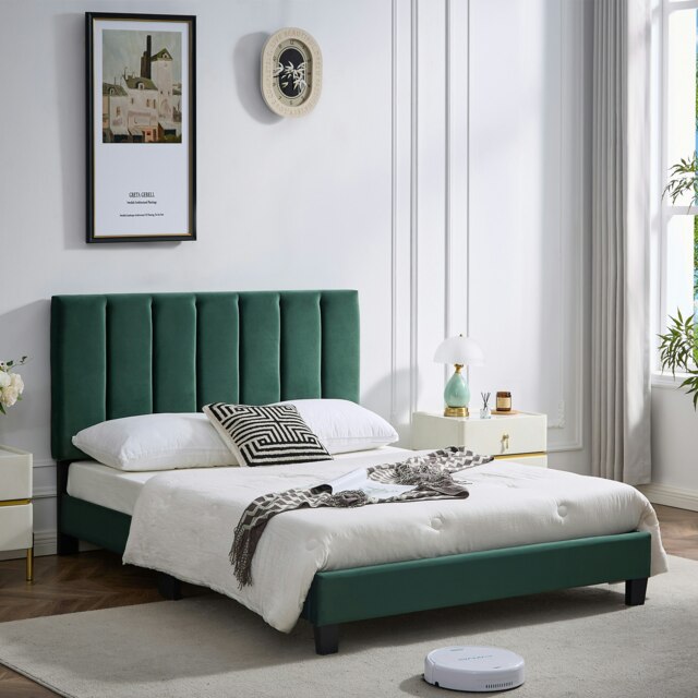 Rackhams Double Bed Frame, Upholstered Platform Bed Frame with Adjustable Headboard, Solid Wood Slats, Max Load 320KS - King - Green - image 1