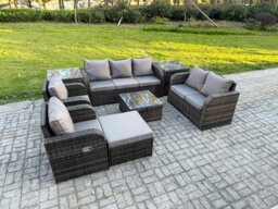 Rackhams 8 Seater Garden Furniture Set Rattan Outdoor Lounge Sofa Chair With Tempered Glass Table 2 Side Tables Big Footstool Dark Grey Mixed - thumbnail 1